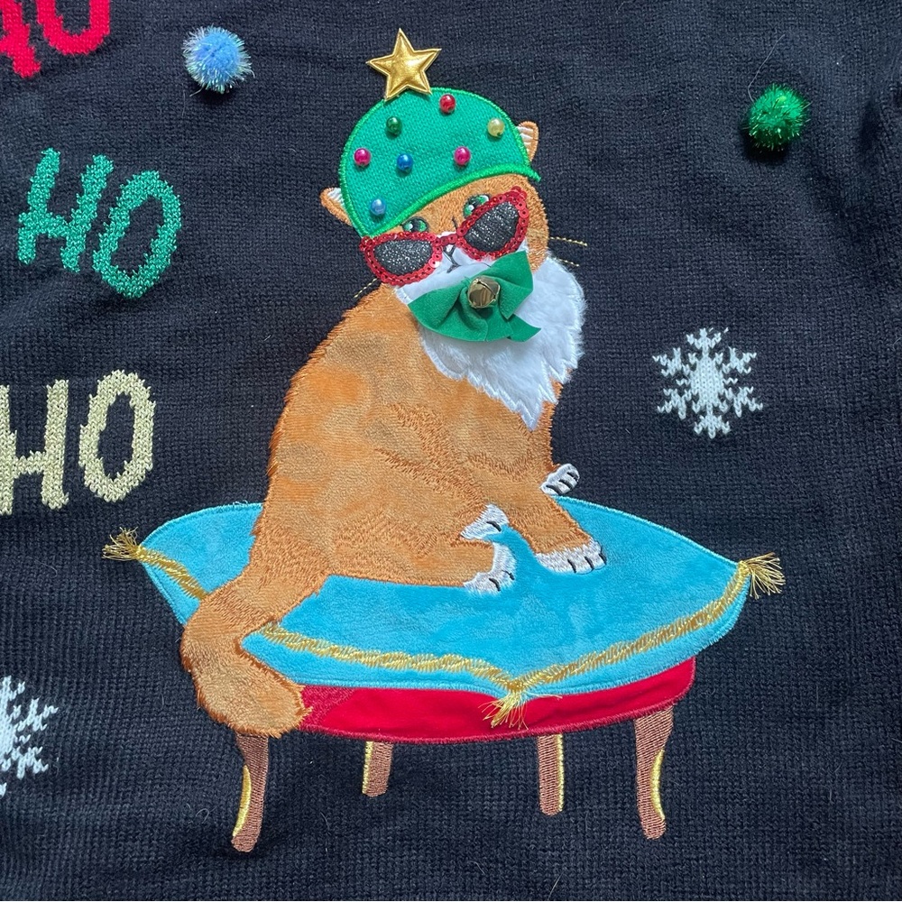 JOLLIDAYS Holiday Cat Graphic Sweater with Pink Trim Size Large - Picture 6 of 11